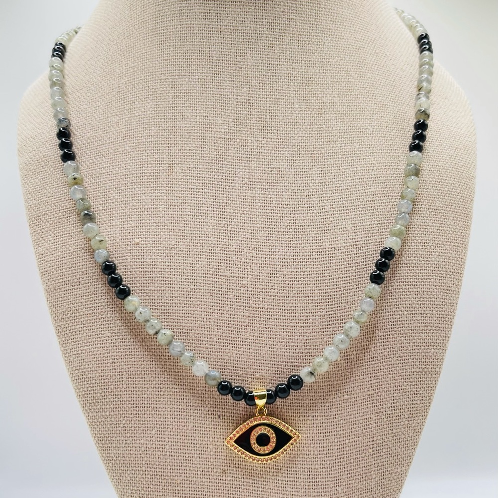 Labradorite and onyx necklace with evil eye.